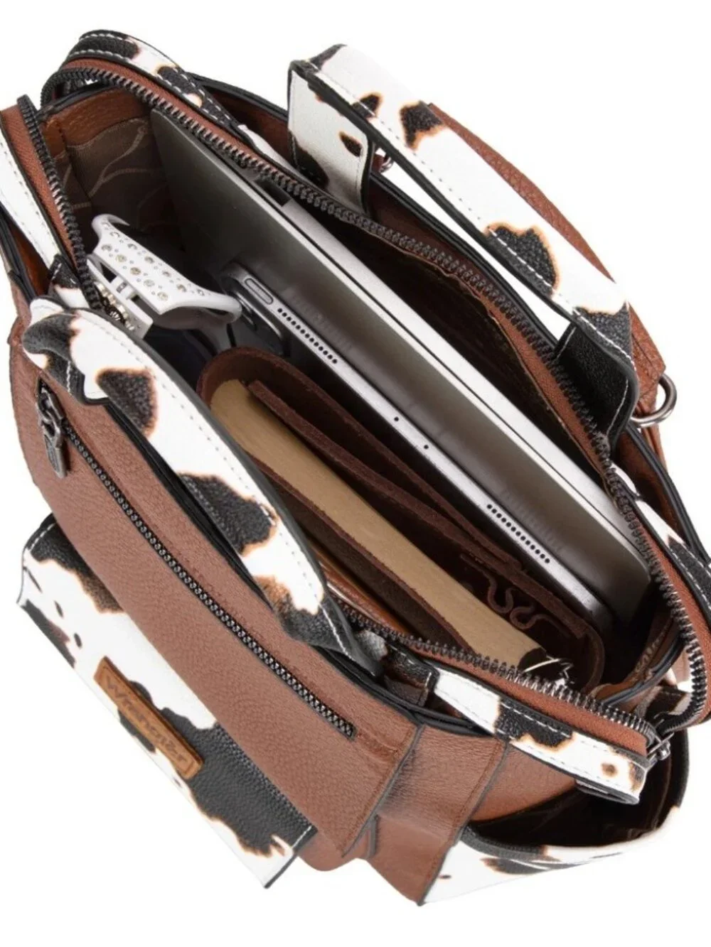 Wrangler Cow Print Tote/Shoulder Bag Convertible Backpack - Brown-Brown - Picture 3 of 5